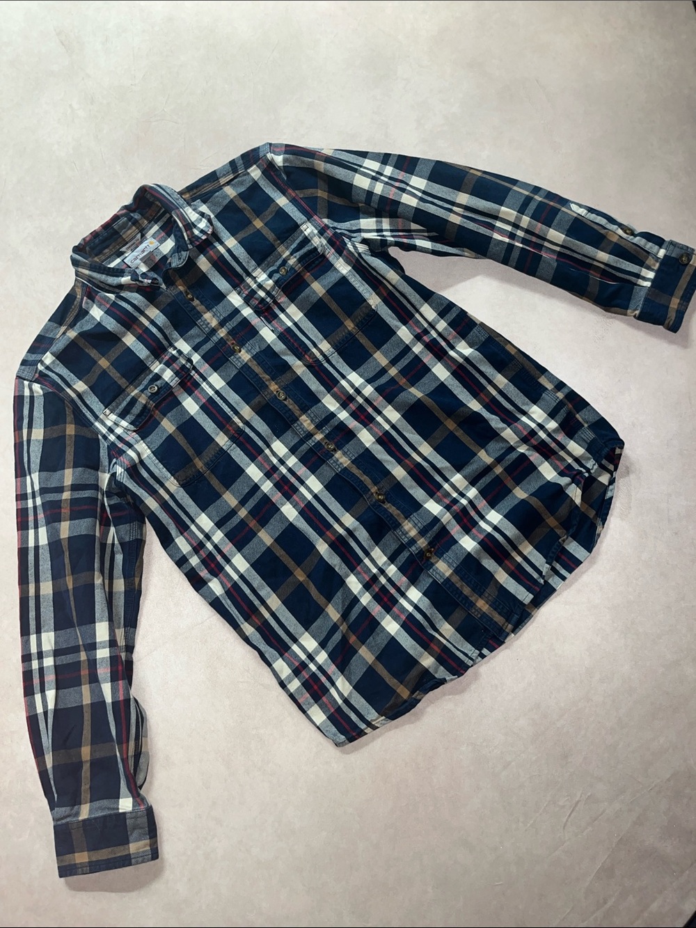 Carhartt Classic Fit Navy, White & Brown & Red Plaid Button-Up Shirt